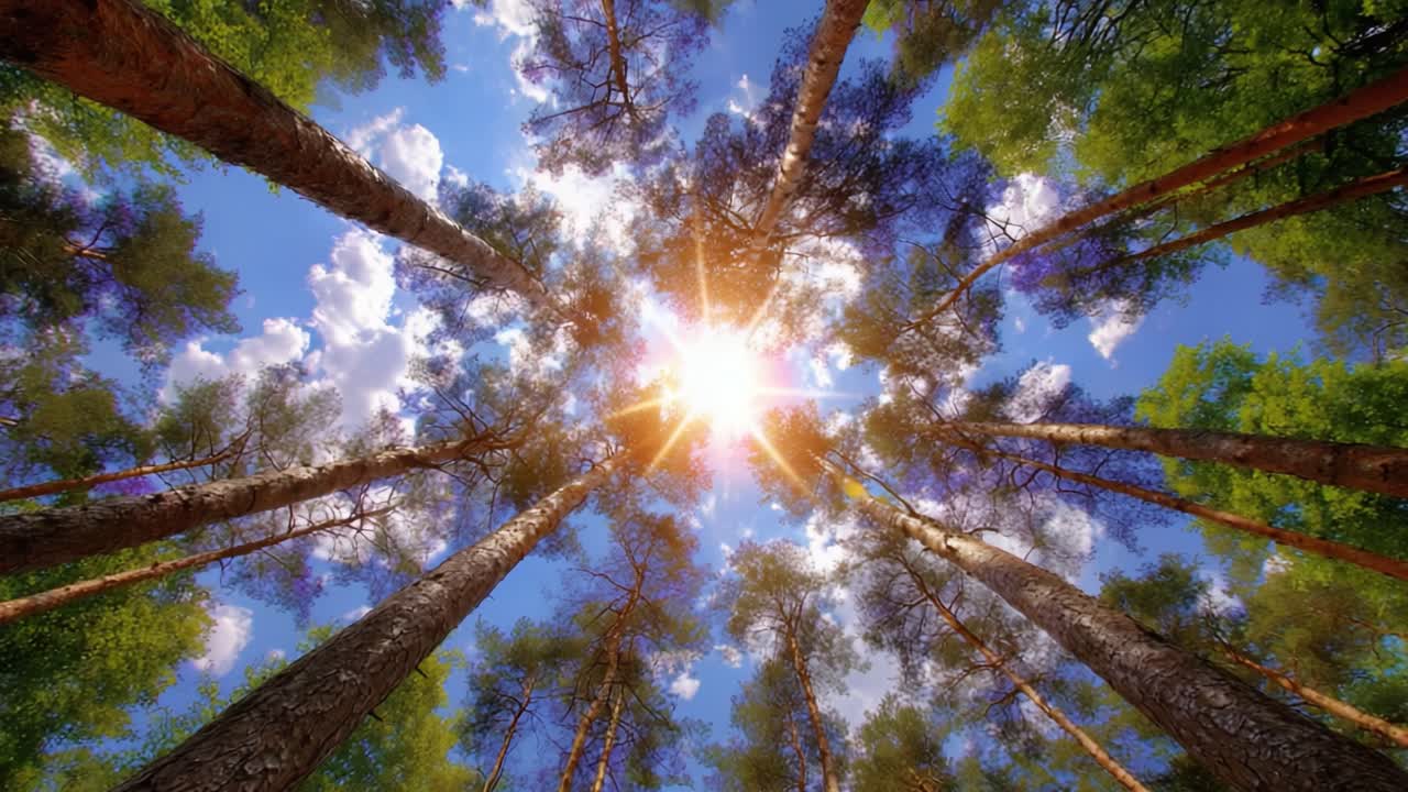 Mesmerizing View of Sunlight Streaming Through Tall Pine Trees in a Lush Forest Canopy, Creating a Vibrant and Tranquil Atmosphere Beneath a Clear Blue Sky