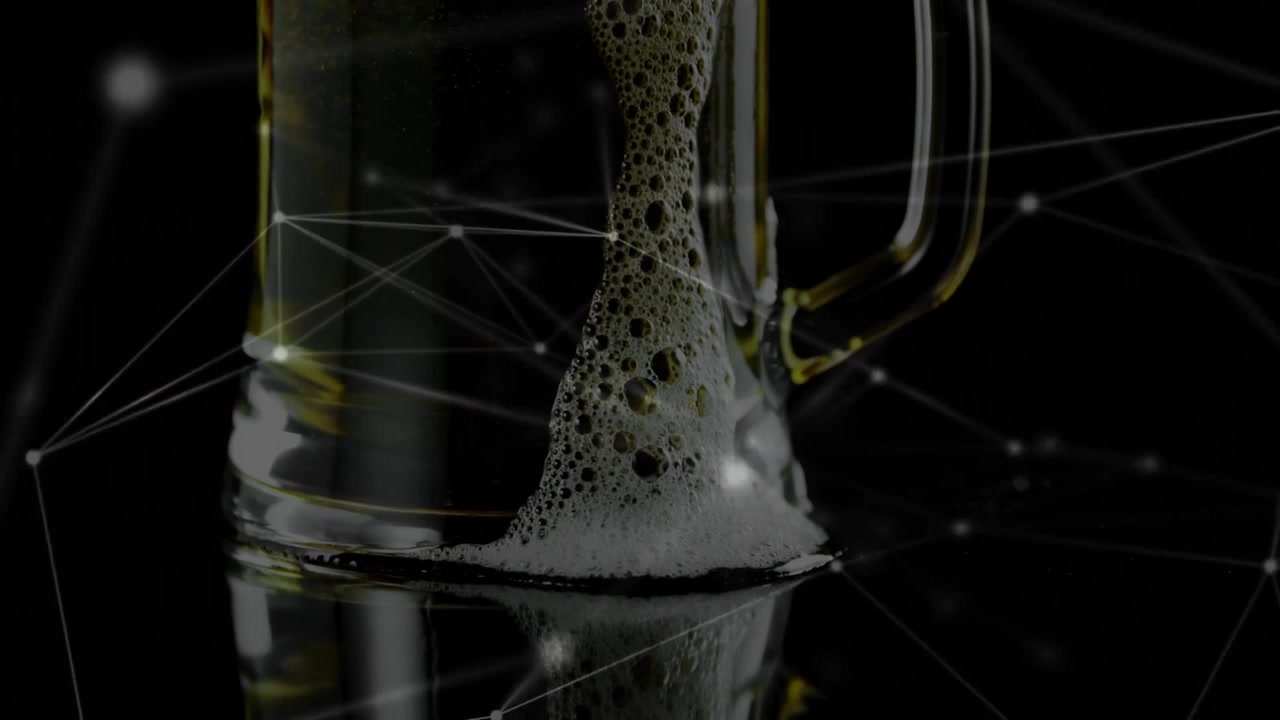 Bubbles emerging from mug causing foam flowing down as network nodes pulsing to visualize brewing
