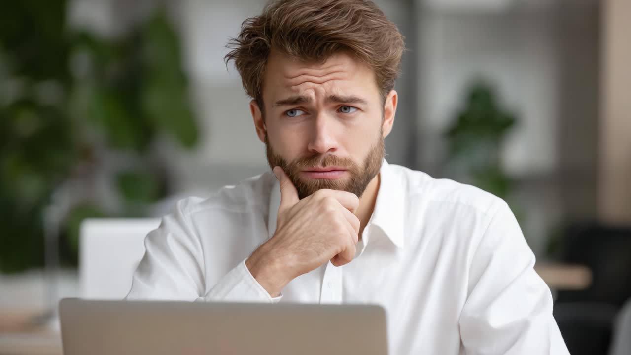 Pensive Man Deep in Thought While Working on Laptop: A Moment of Contemplation in a Bright Office Setting