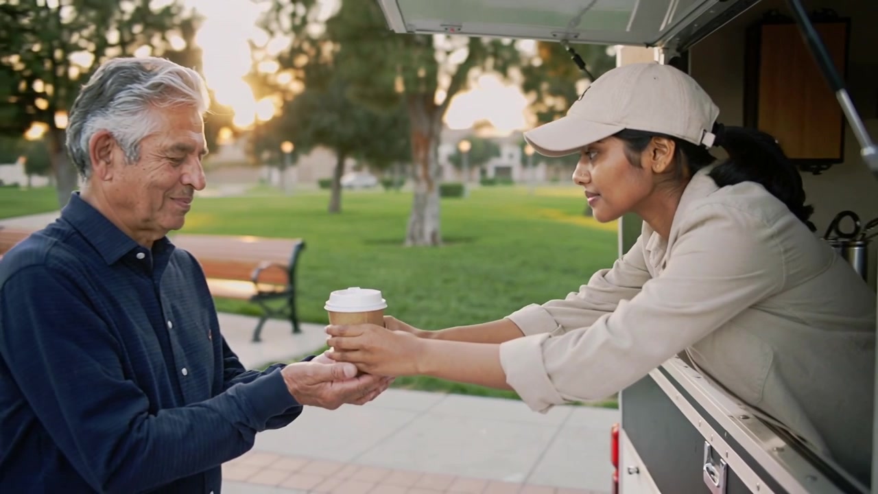 Venditore con cappellino al furgone del caffè che porge una tazza su un sentiero del parco mentre un cliente si avvicina per essere servito.