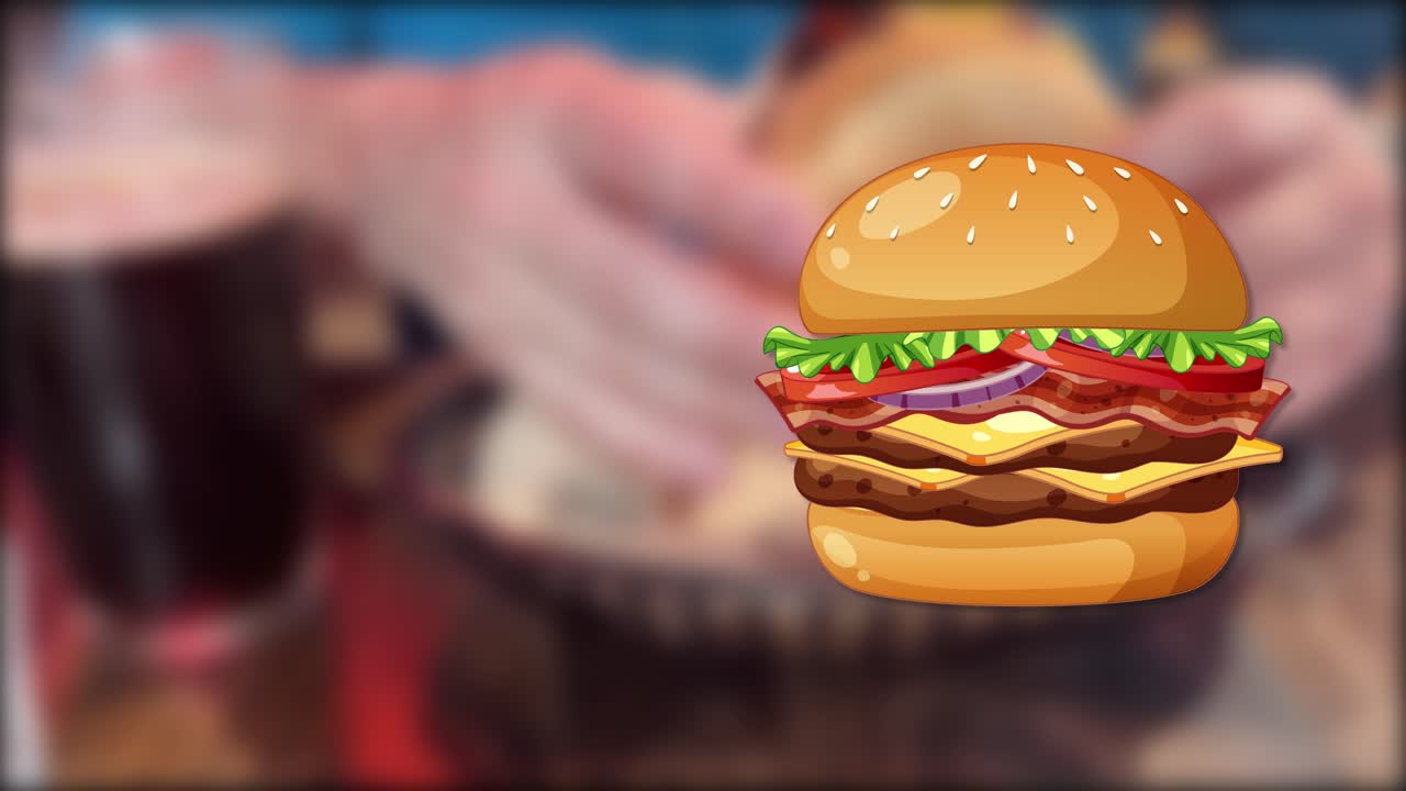 Animation transitions from hands assembling a burger to a digital breakdown of its nutritional content with vibrant graphics