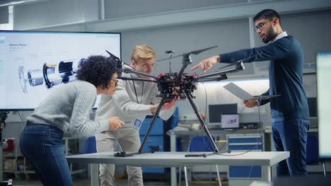 caucasian young engineer examining drone with diverse colleagues in development laboratory. research into the design, operation and performance of drone mechanism concept