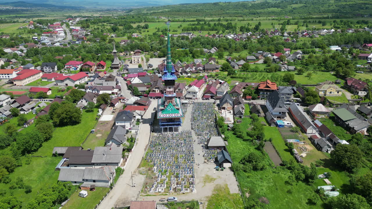 Nice aerial view of the Merry Cemetery in Sapanta, Romania, famous for its colorful tombstones with naive paintings