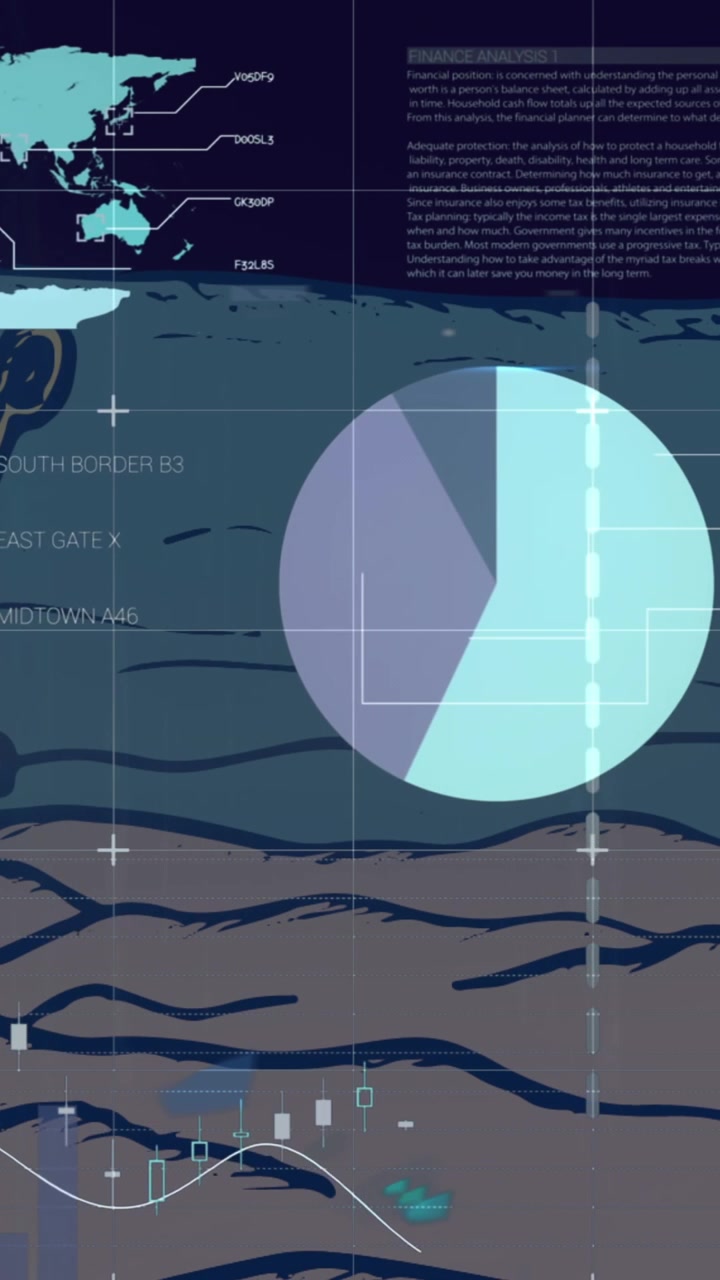 Animasi antarmuka infografis dengan basis data di atas ember pasir dan sekop di pantai