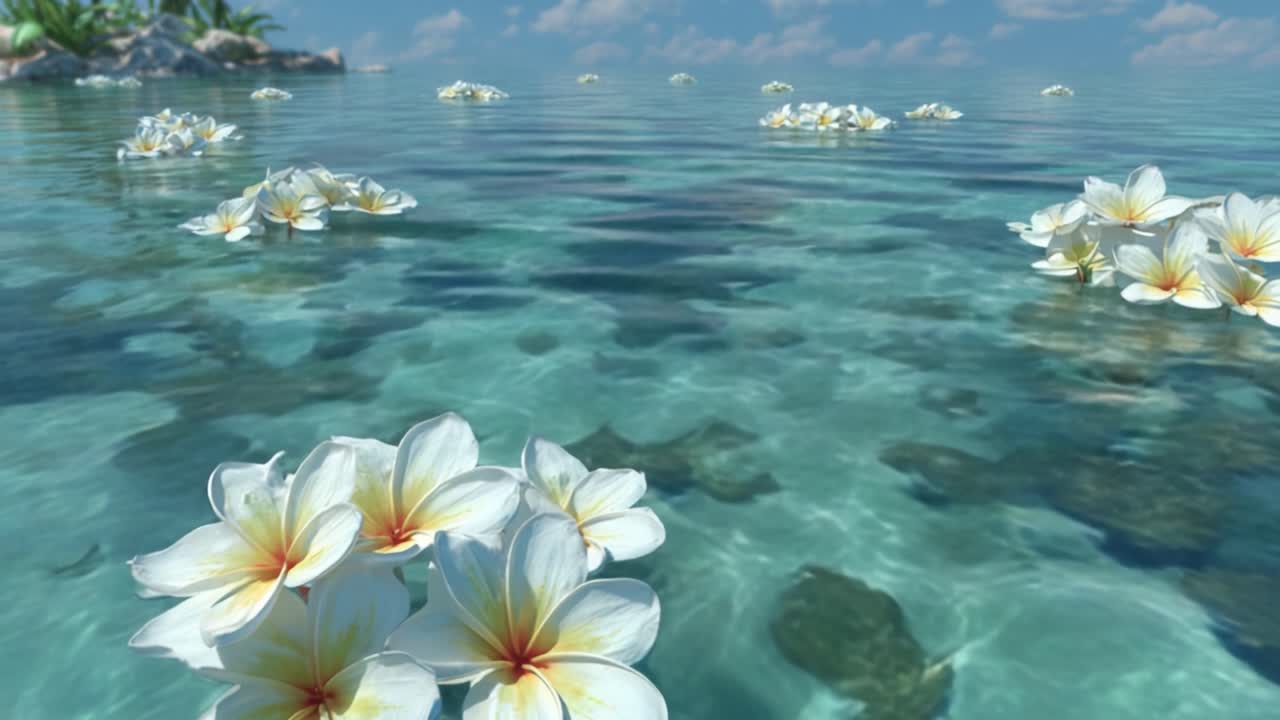 A Serene Seascape Featuring Floating White Flowers on Crystal-Clear Waters Underneath a Bright Sky, Offering a Tranquil Escape into Nature's Beauty