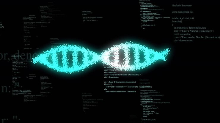 Animation of dna strand over data processing on black background