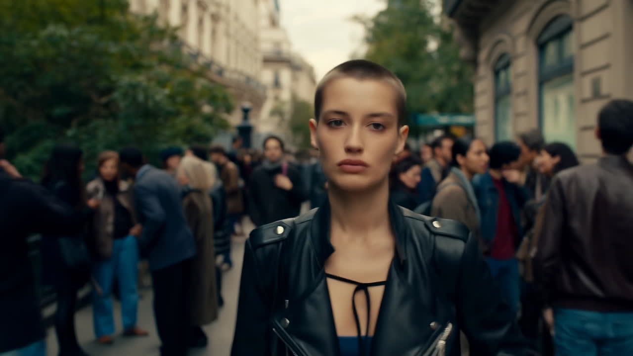 Confident Young Woman with Buzz Cut Walks Through Busy City Street