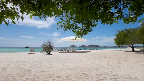 lonely beach scene with umbrella and chairs ready for tourist, luxury villa