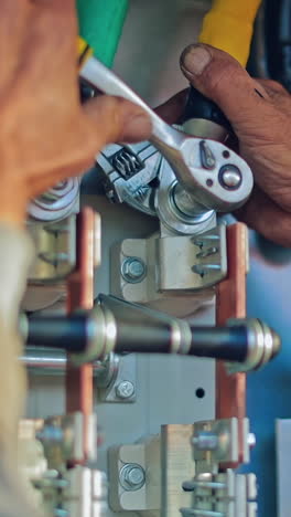 junction box of the solar panel. service team working on measuring efficiency of operation and maintenance at solar plant