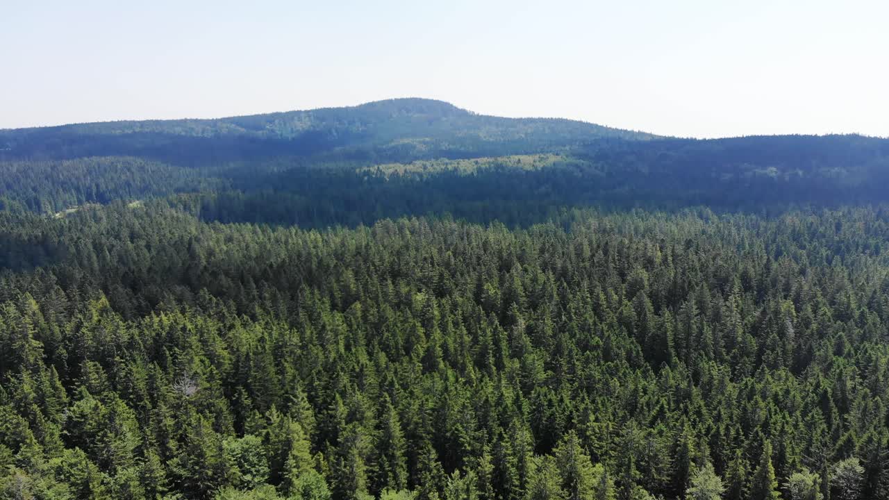 High aerial panoramic view of green landscape toward mountain in horizon