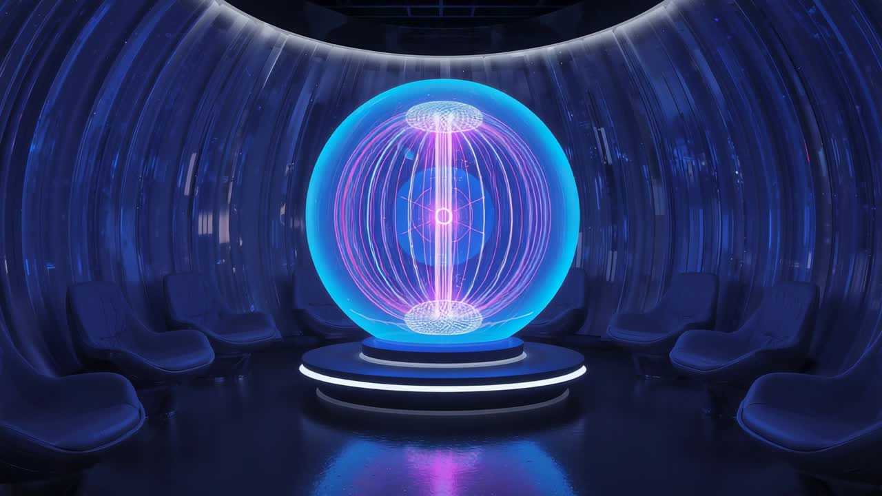 Powering up central energy sphere pulsing in futuristic chamber, with rotating neon pink filaments