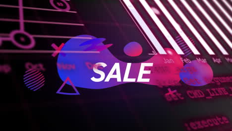 animación de gráficos, lenguaje informático con texto de venta en patrón abstracto sobre fondo negro