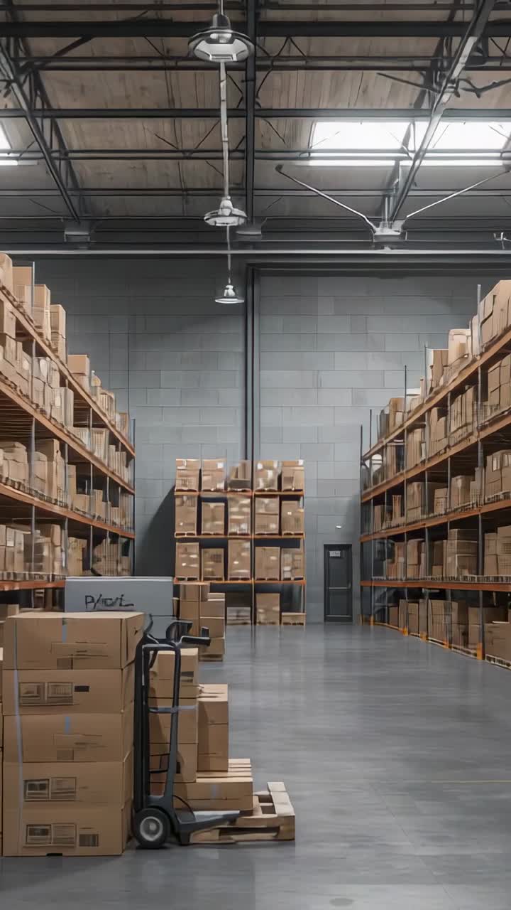 Vertical video: Showing pallet jack staying parked beside boxes on pallets in warehouse, copy space
