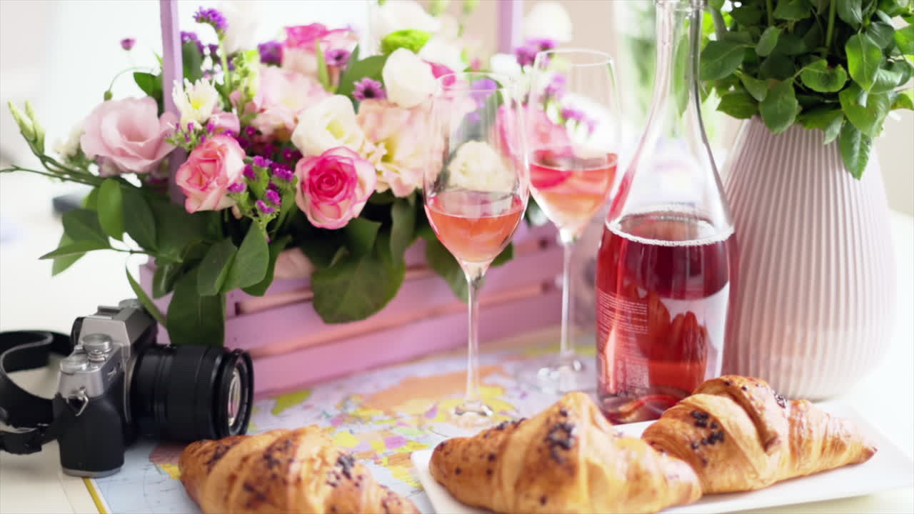 Close up of croissants and glasses of rose on a table with a pink basket of flowers