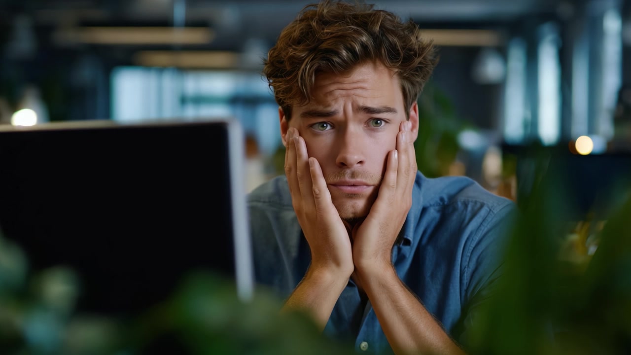 A Young Man in an Office Looks Strained and Overwhelmed While Staring at His Computer Screen Surrounded by Plants in a Modern Work Environment