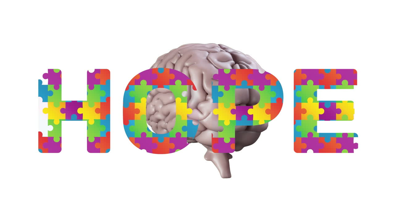 Animation of hope made of colorful puzzles and brain rotating on white background