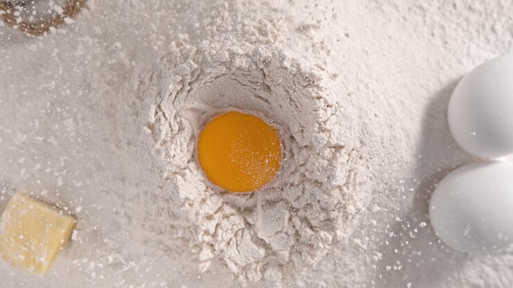 Raw Egg Yolk Falling Into A Pile Of White Flour Making A Hole - Table Top View, Slow Motion