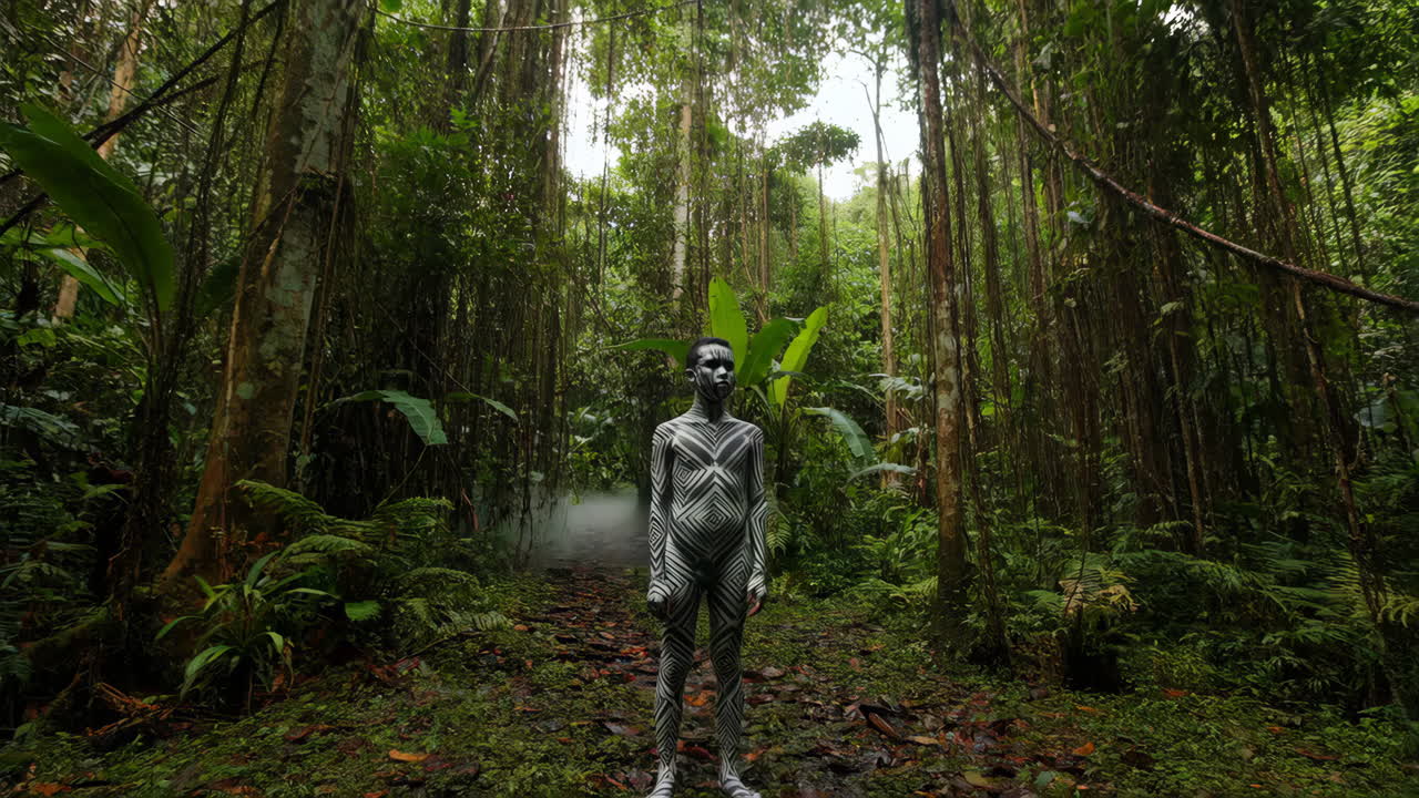 Body-Painted Figure in a Mystical Jungle