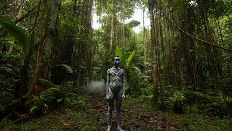 body-painted figure in a mystical jungle