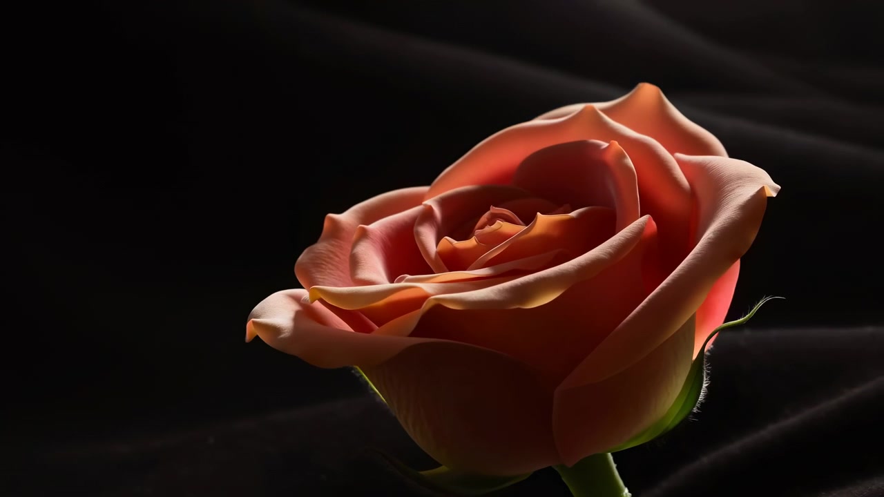 Primo piano di una rosa arancione su uno sfondo scuro, con una morbida luce di contorno che delinea i petali, il gambo e la foglia per una composizione floreale suggestiva