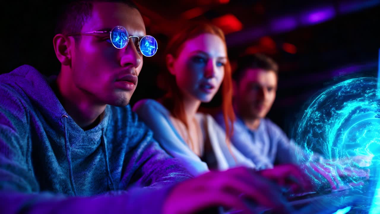 Skupina mladých lidí se účastní zážitku ve virtuální realitě, který představuje digitální interakce a futuristické technologie v pohlcujícím online prostředí.
