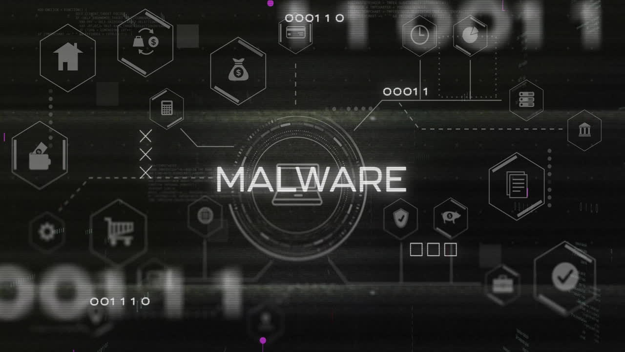 animación del procesamiento de datos y las conexiones a través de texto de malware e iconos de medios