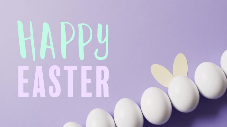 Animation of happy easter text over white eggs on purple background