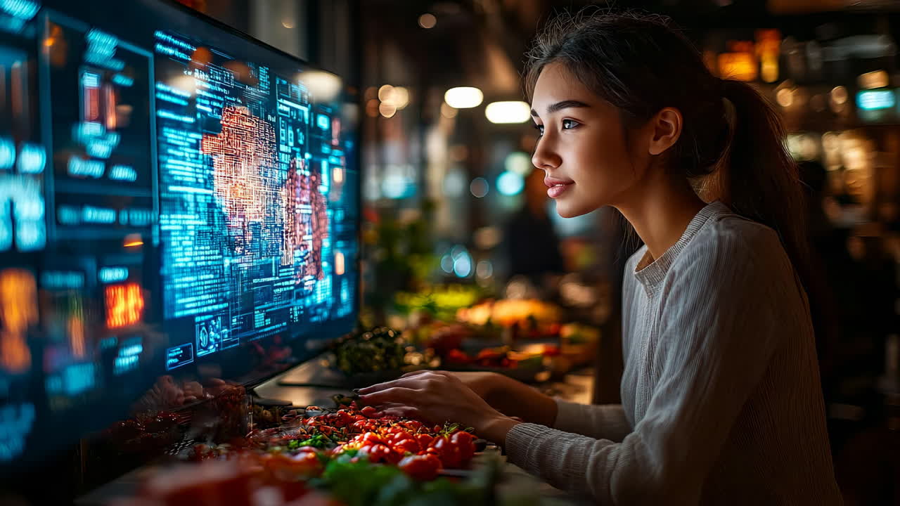 Woman works on digital interface with food items on table in an indoor setting at night