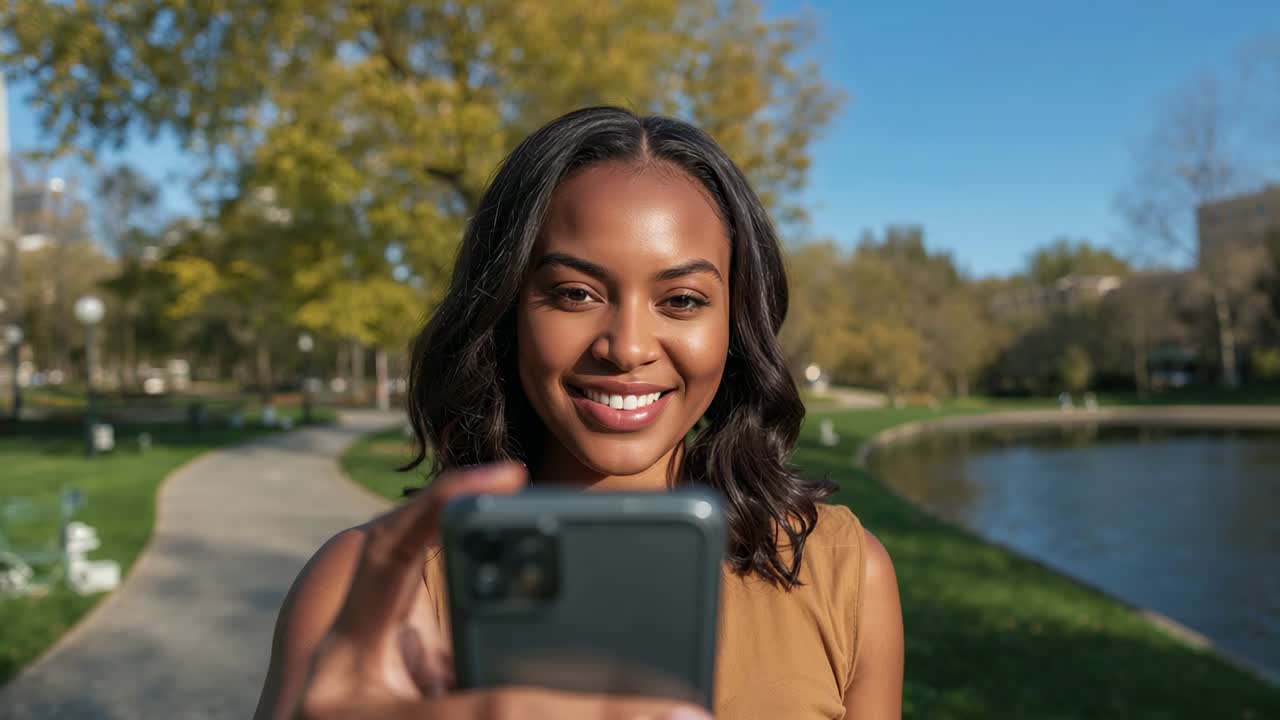 Raising smartphone, woman adjusting expression and composing selfie by pond in park, sleeveless top