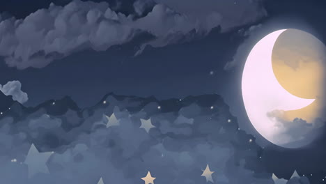 crescent moon and stars animation over cloudy night sky