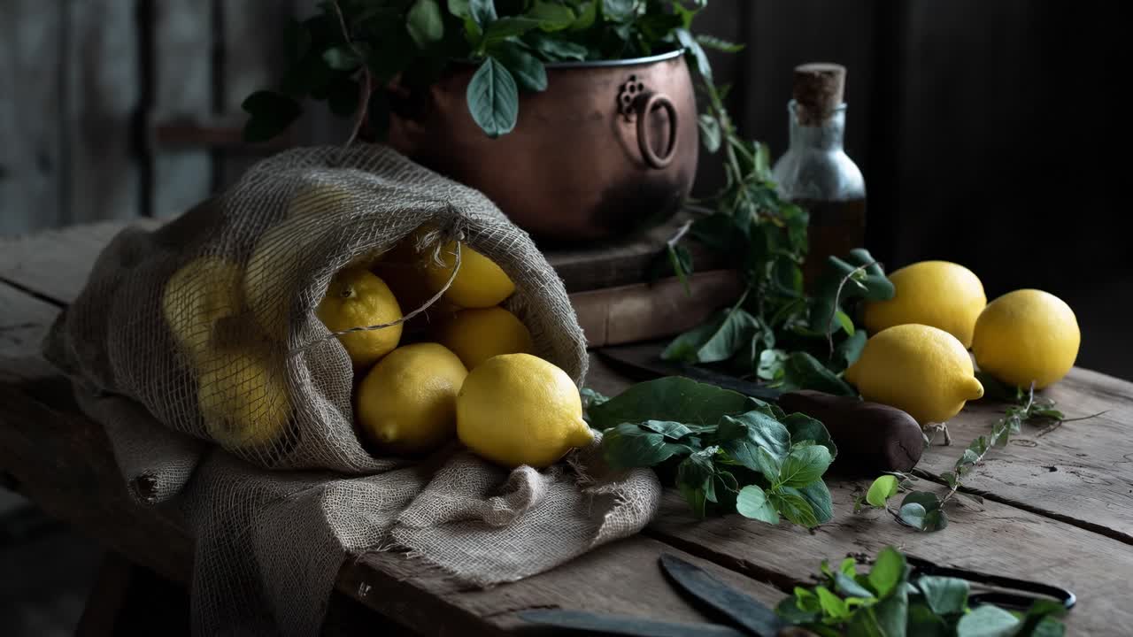 Lemons spilling from a burlap sack onto a rustic wooden table, accompanied by fresh herbs, a copper pot, and a bottle of olive oil, creating a cozy and inviting kitchen scene