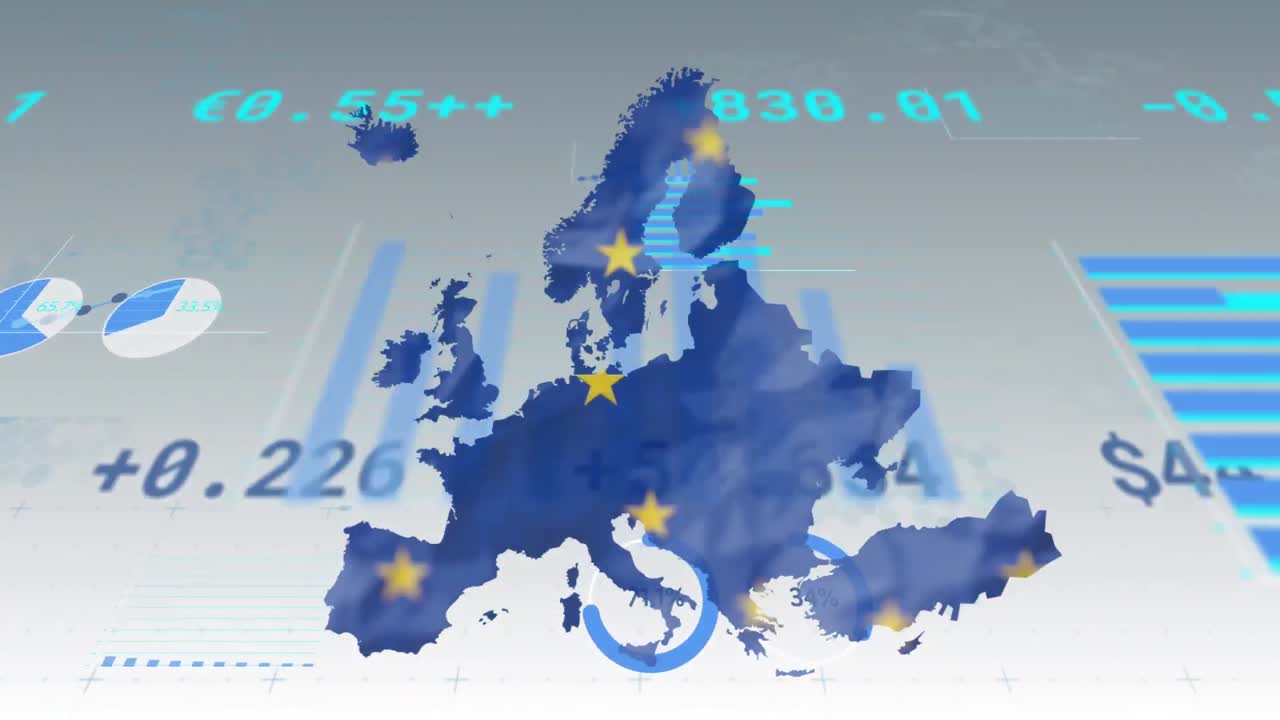 유럽 연합의 지도를 통해 증권 거래소 금융 데이터 처리의 애니메이션