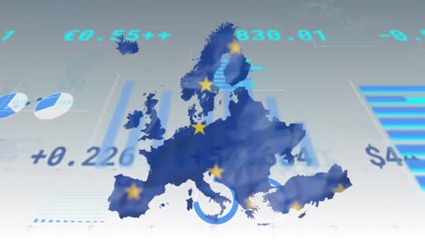 animation of stock exchange financial data processing over map of european union