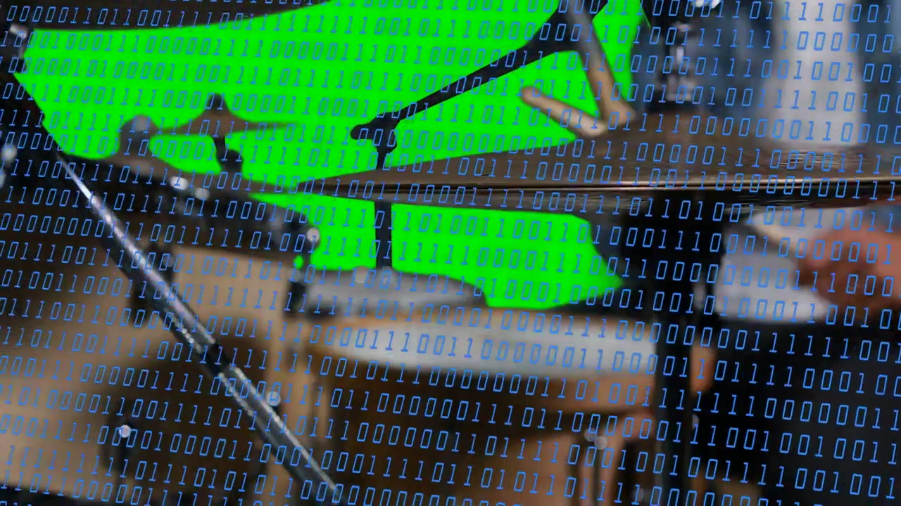 Drummer hand entering, striking kit in music studio, binary overlay overlaying kit for recording