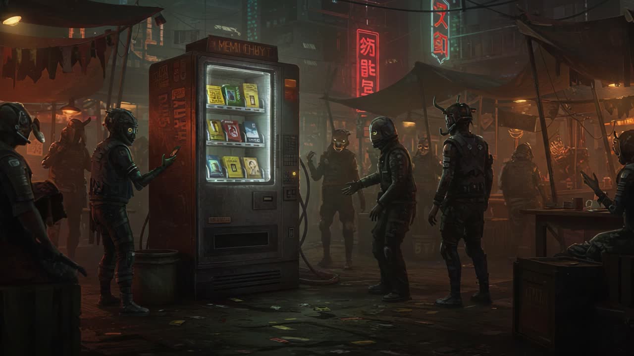 In a futuristic market, a group of armored figures gathers around a mysterious vending machine, intrigued by its glowing offerings amidst neon signs and shadowy streets