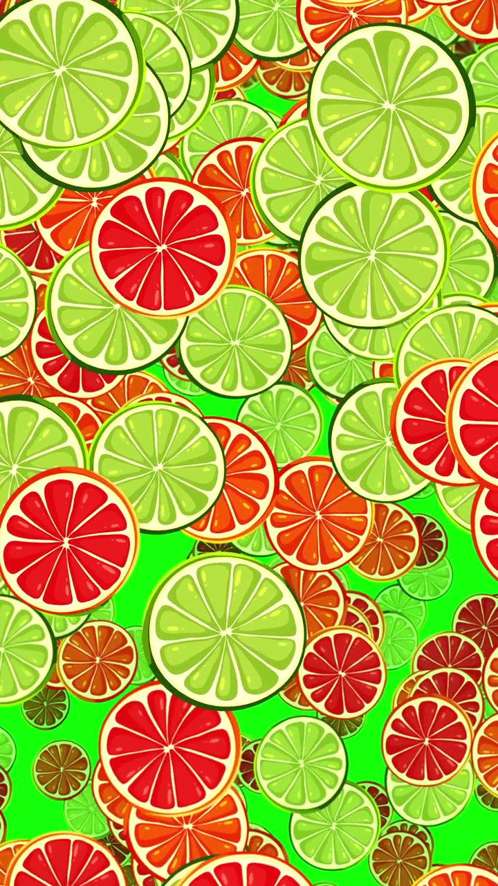 Fette di agrumi animate che cadono su sfondo verde