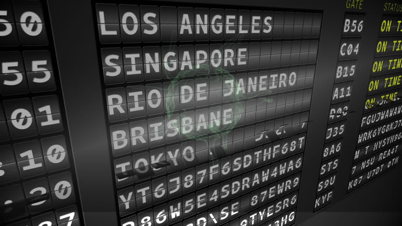 공항 비행 출발 보드 위에 떠다니는 바이러스 세포의 애니메이션