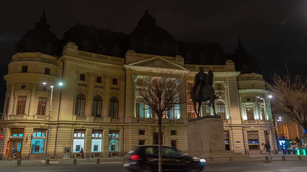 Carol I University time lapse at night , Victory Avenue, Bucharest Romania