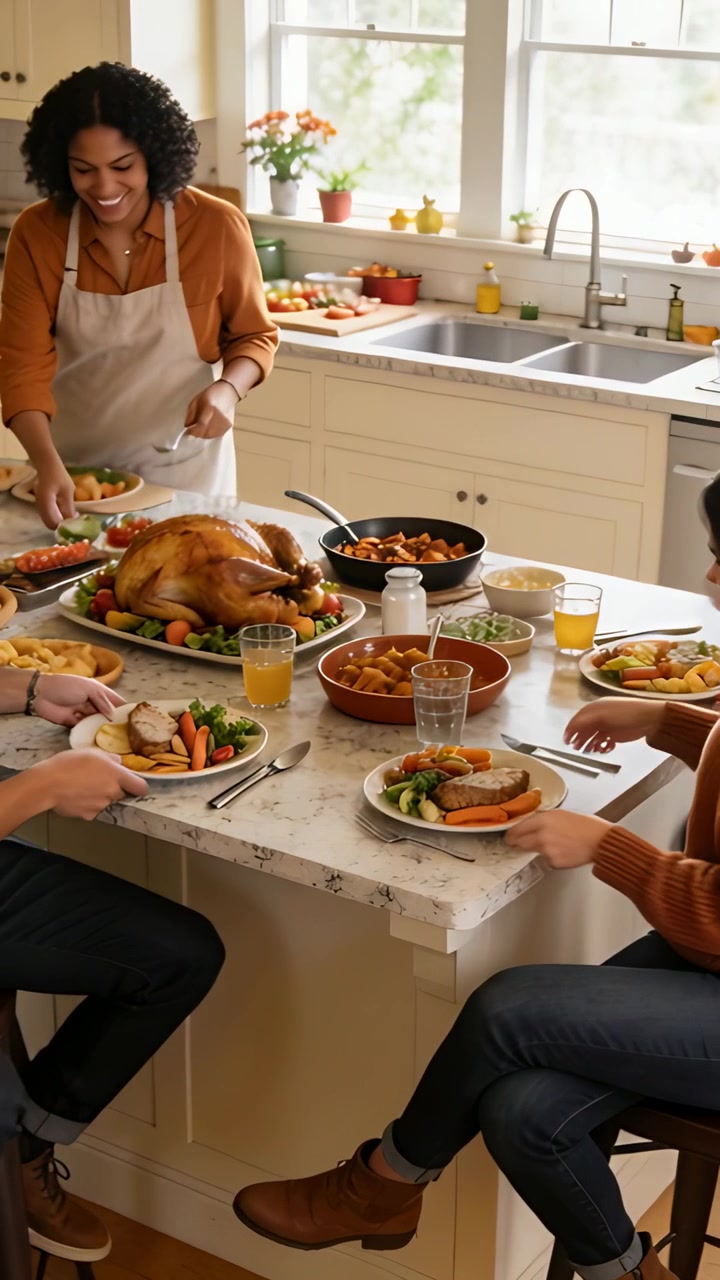 Vertical video: Lifting spoon, host in apron serving turkey at island, guests taking plates to eat