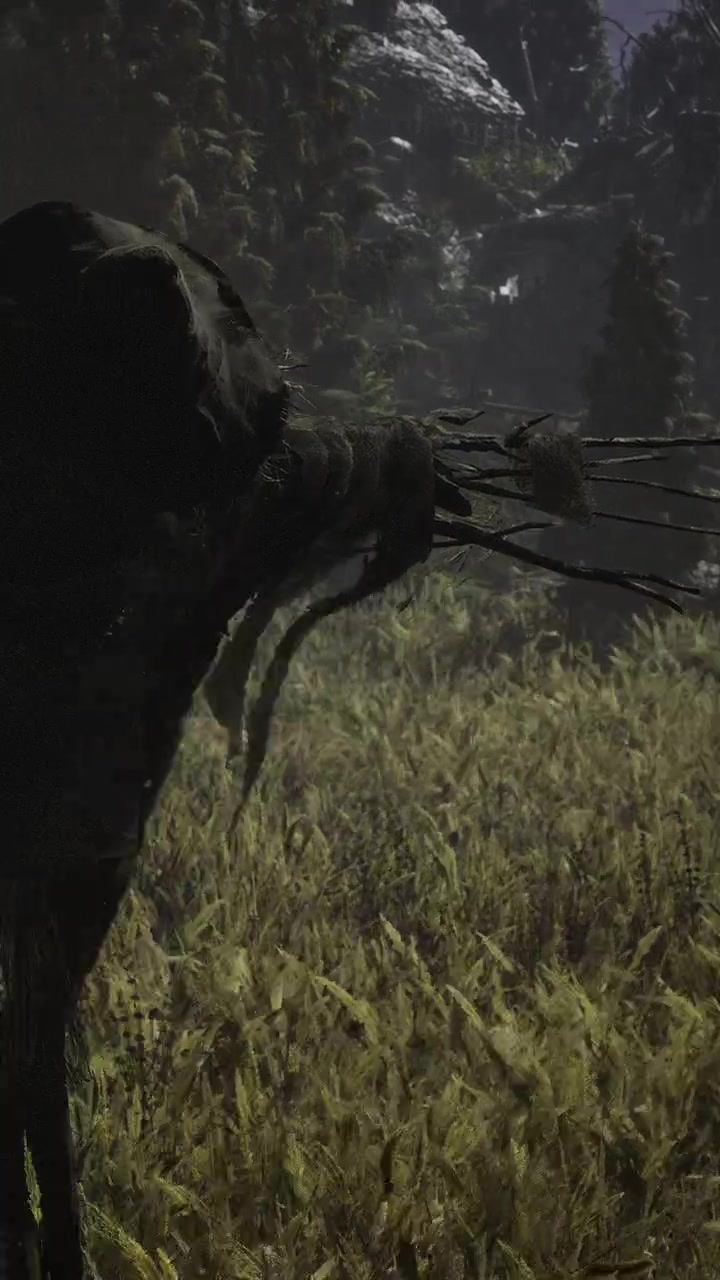 Dark figure stands in tall grass under moonlight in a dense forest scene