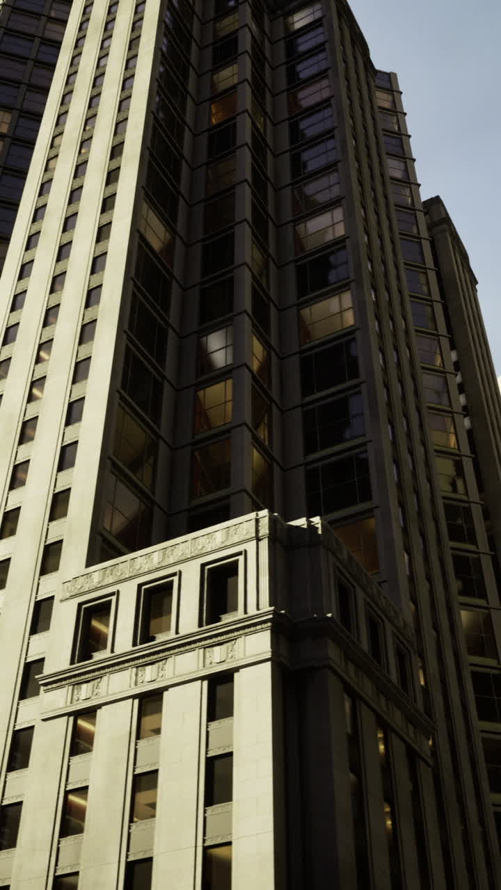 Skyward view of tall buildings in an urban cityscape during daylight hours