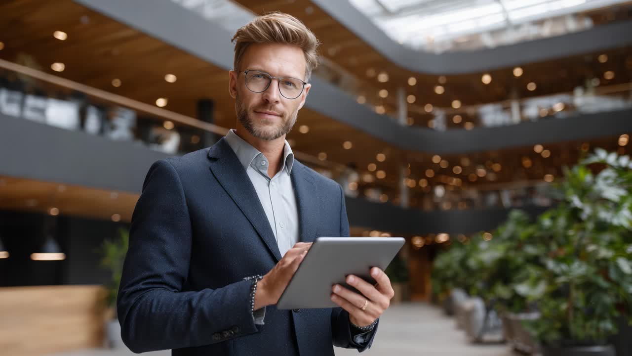 Uomo d'affari sicuro di sé che utilizza un tablet in un ufficio moderno, mostrando la tecnologia moderna e la professionalità in un ambiente di lavoro elegante