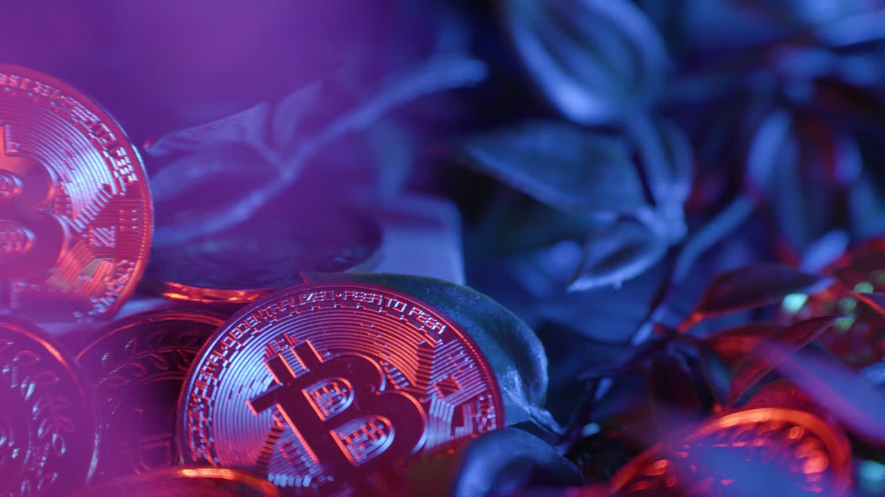 Bitcoin Cryptocurrency Coins Glowing in Neon Light
