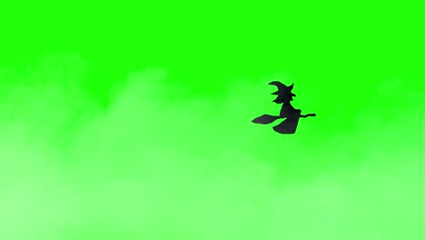 Halloween-animation-black-witch-flying-on-broomstick-over-foggy-solid-background-green