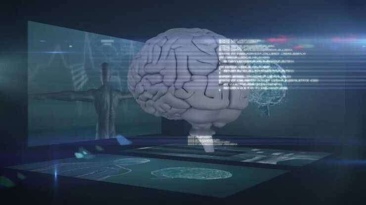Animation of data processing over digital brain spinning