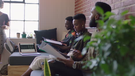 african american business students brainstorming team leader woman presenting project colleagues sharing ideas in office group meeting