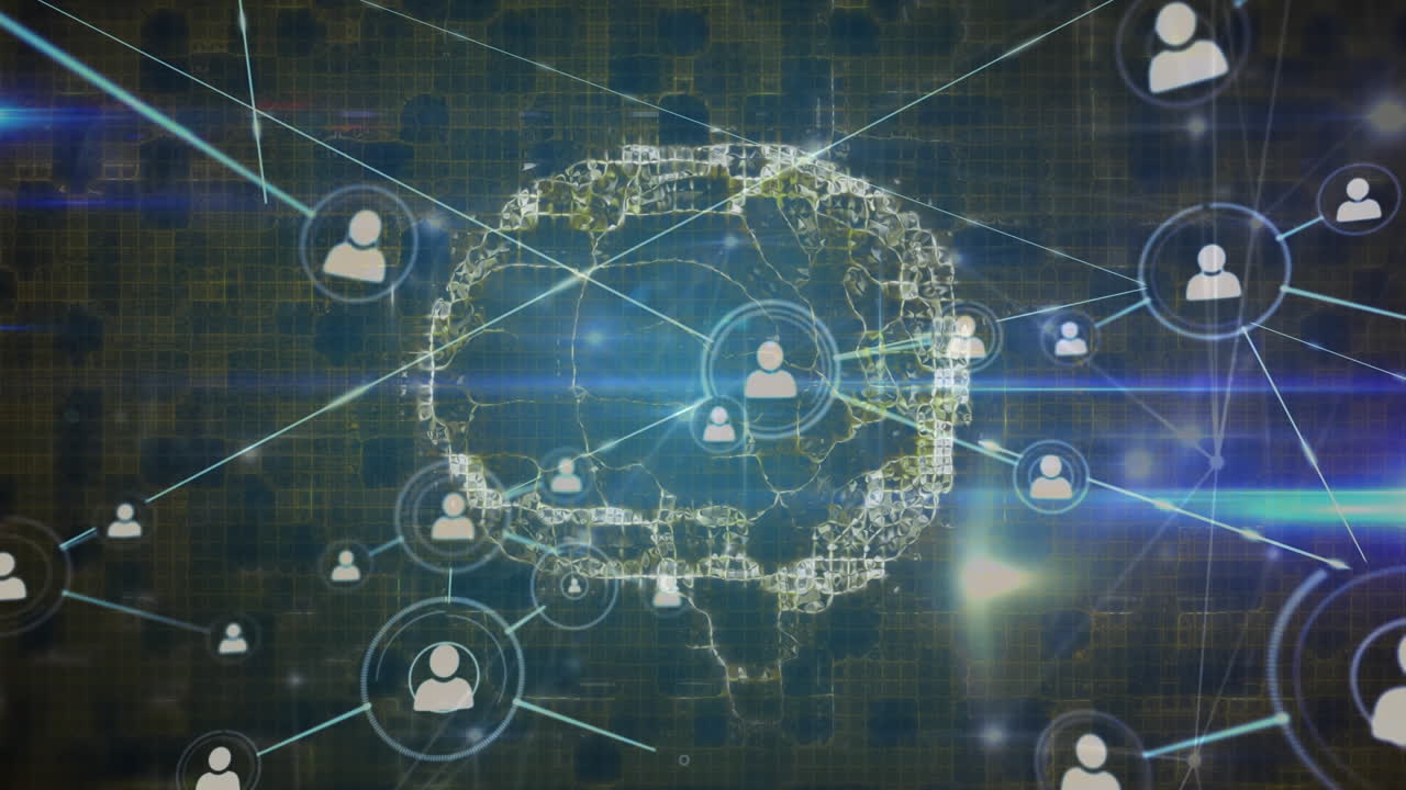 animación de puntos conectados y llamaradas de lentes sobre el cerebro humano contra un fondo abstracto