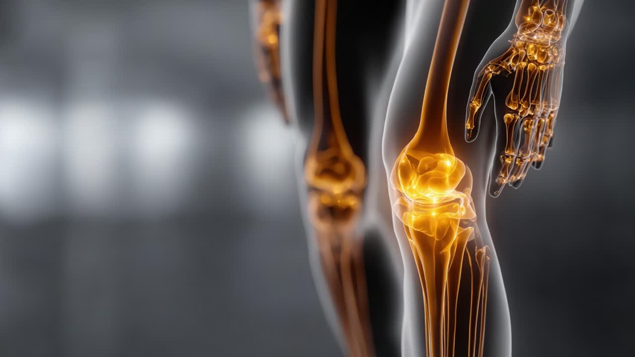 Detailed Visualization of Human Anatomy Focusing on the Knee Joint and Hand Structures Illuminated in Radiant Orange for Enhanced Understanding of Biological Mechanics