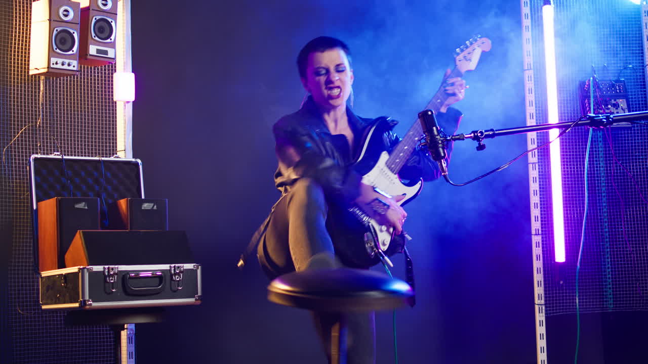 Musician Performing on Stage with Electric Guitar