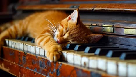 a cat sleeping on top of an old piano keyboard